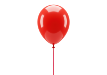 A perfectly spherical, vibrant red helium balloon with glossy surface, sharp specular highlights, and a delicate red string tied in a neat bow, floating still against a seamless transparent studio