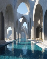Serene indoor pool in a modern architectural marvel. Teal water reflects the light, creating a tranquil atmosphere.