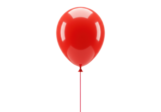 A perfectly spherical, vibrant red helium balloon with glossy surface, sharp specular highlights, and a delicate red string tied in a neat bow, floating still against a seamless transparent studio
