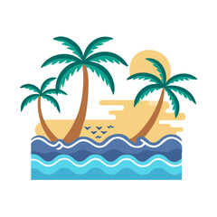 Tropical Beach Scene with Palm Trees and Ocean Waves Illustration