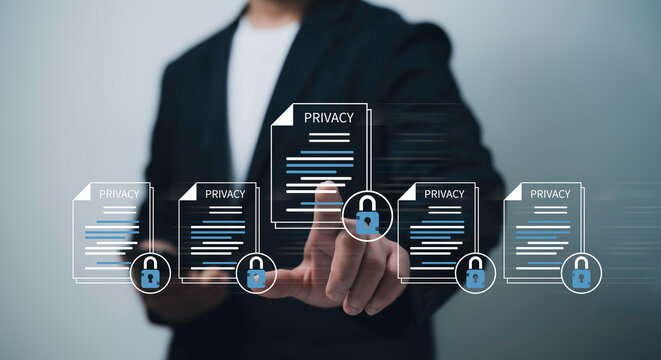 Businessman touching virtual privacy files document lock icon data protection digital security information access control file encryption corporate compliance technology