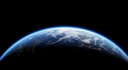 Earth from space showing blue atmosphere clouds and city lights