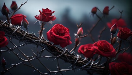 a twisting vine of blood red roses and sharp thorns illuminated subtly against a moody backdrop