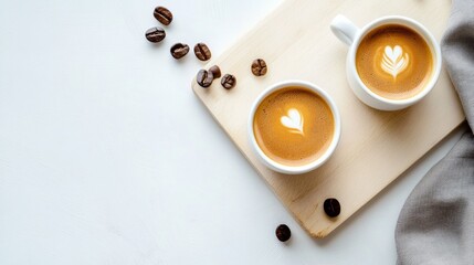 Two cups of cappuccino on wooden tray with coffee beans in cozy breakfast beverage scene