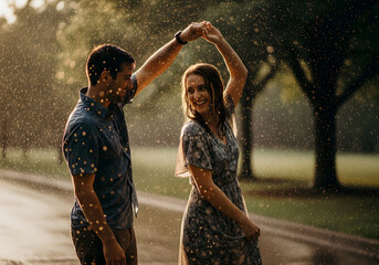 A delighted young adult couple dances playfully in the rain on a sunlit street, sharing a joyful, romantic moment