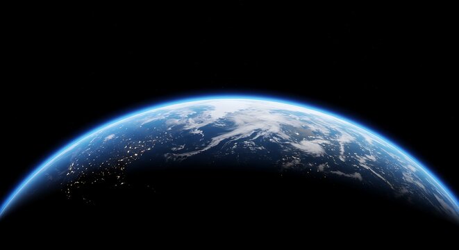 Earth from space showing blue atmosphere clouds and city lights