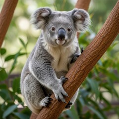 Obraz premium Grey Koala Bear on Brown Branch Green Leaves Background Wildlife Portrait