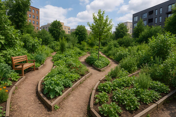 Fototapeta premium A lush community garden features winding dirt paths, raised beds with vibrant greenery, and a lone wooden bench, all set against an urban backdrop