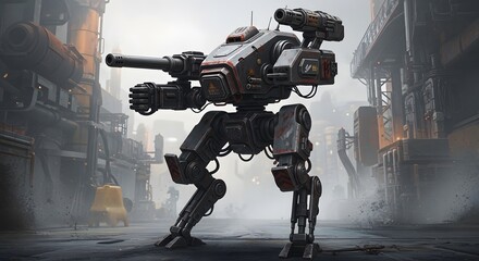Naklejka premium Futuristic Combat Robot Standing in Industrial Factory Scene with Dark Gray and Red Colors