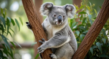 Fototapeta premium Grey Koala Bear on Eucalyptus Tree Branch Close Up Wildlife Portrait