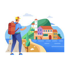 Obraz premium Tourist with Backpack Looking at Coastal Town Illustration
