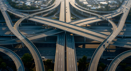 Aerial View Of Freeway Intersection And Cityscape Provides Modern Urban Transportation
