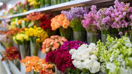 Fototapeta premium Colorful flower bouquets in grocery store floral section for botanical retail decoration and spring mood