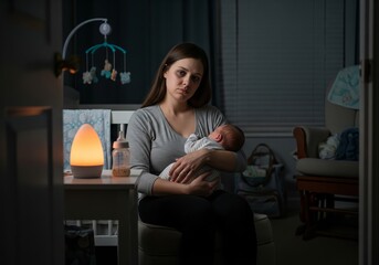 Tired Mother Holding Newborn Baby at Night