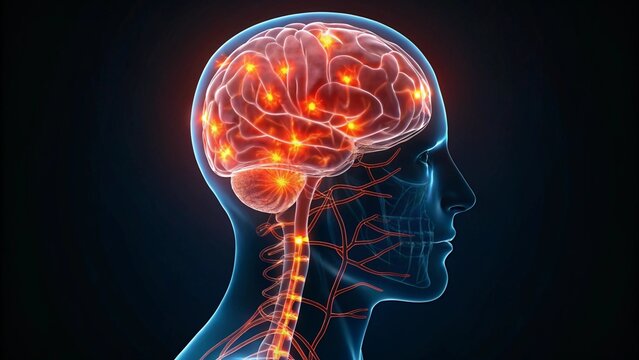 A detailed 3D rendering of the human head in profile, with a focus on the brain and its intricate neural network highlighted by glowing orange points of activity