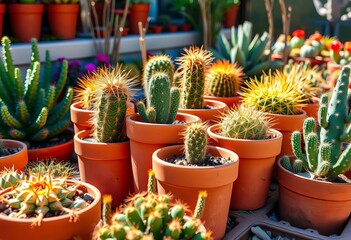 Terracotta cactus pots nestled amongst succulents in a sunny garden, sun, bloom