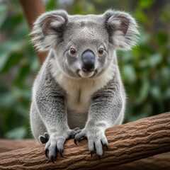 Fototapeta premium Grey Koala Bear Sitting on Tree Branch Close Up Portrait Wildlife Photography