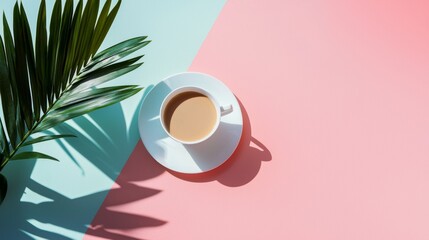 Coffee cup and palm leaf on split pastel pink and blue background for summer tropical flatlay composition