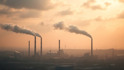 Obraz premium Industrial landscape with smokestacks and a dramatic cloudy sky.