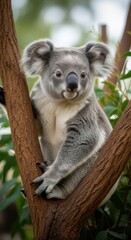 Obraz premium Grey Koala Bear Sitting on Tree Branch in Natural Habitat