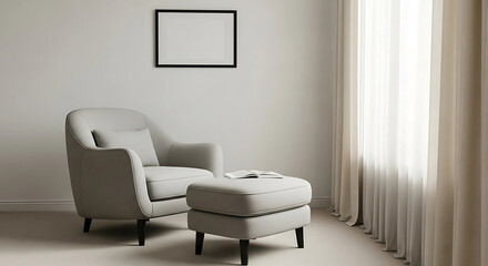 A cozy gray armchair and ottoman create a relaxing reading nook near a window with sheer curtains