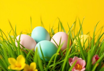 Fototapeta premium Pastel-colored eggs nestled in vibrant spring grass against a sunny yellow background, pastel, yellow background