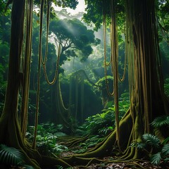 Professional, high-contrast photograph of a dense tropical rainforest with vibrant, emerald green foliage, thick, ropy vines hanging like curtains from towering trees.