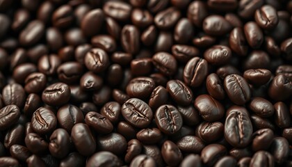 Obraz premium Rich, dark brown roasted coffee beans close-up, glistening texture, aroma, drink