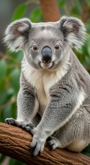 Grey Koala Sitting on Brown Branch Green Background Wildlife Animal Portrait