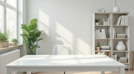 A professional virtual background of a clean, modern home office with a bookshelf and natural light.
