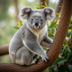 Fototapeta premium Grey Koala Sitting on Tree Branch in Lush Green Setting Wildlife Animal Portrait