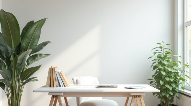 A professional virtual background of a clean, modern home office with a bookshelf and natural light.
