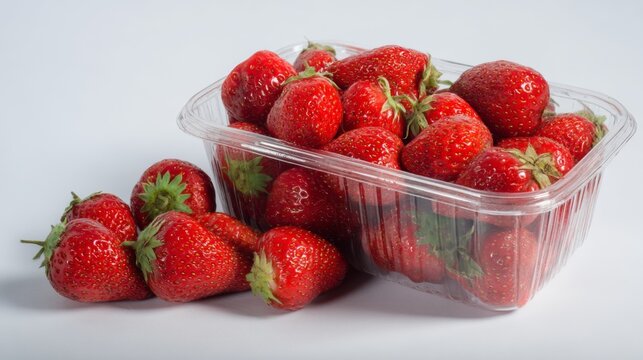 Fresh red strawberries in plastic container isolated on white background for healthy food packaging concept photography