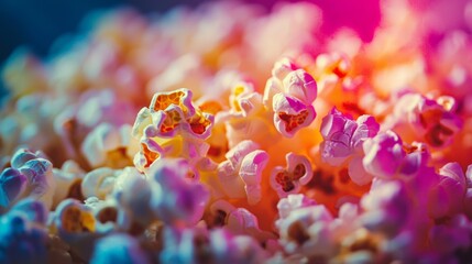 Colorful popcorn closeup with vibrant lighting for cinematic snack celebration movie night fun food concept image