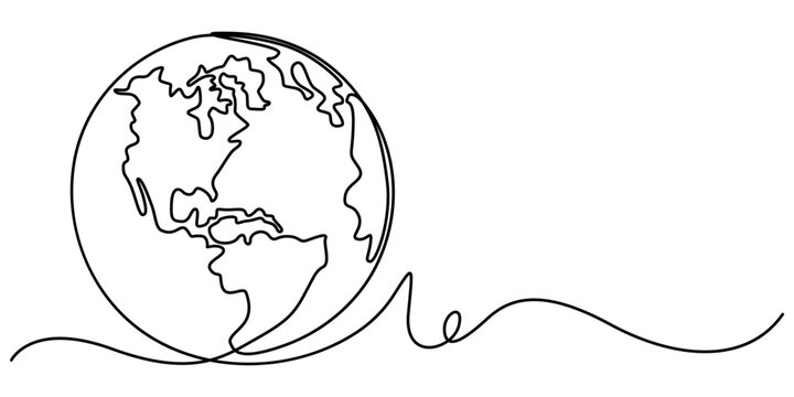 Continuous one line art drawing of earth planet, Globe, geography vector outline,  Single-line drawing of the Earth. Globe in one line style. Vector illustration.                                      