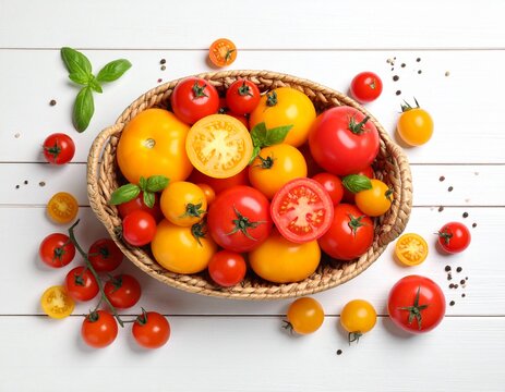 a rustic woven basket filled with vibrant red cherry tomatoes
