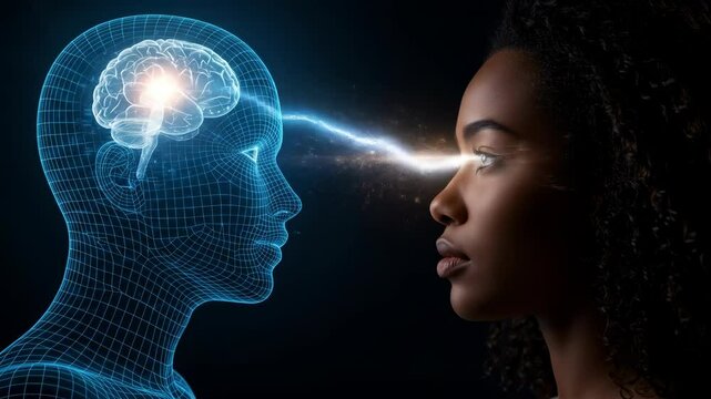 Futuristic mind link: An African American woman's consciousness connecting with an AI brain via glowing neural transfer.