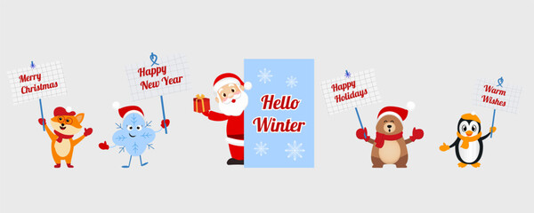 Vector cartoon characters for winter holidays. Santa Claus, bear, fox, penguin and snowflake holding signs with festive greetings. Isolated sticker-style elements on editable background