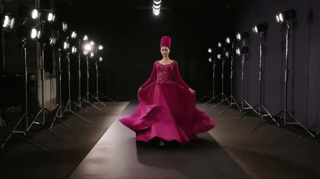 Close up of female model in stylized dramatic dark pink Turkish dervish costume walking down catwalk illuminated by studio lights preparing to spin like a dervish