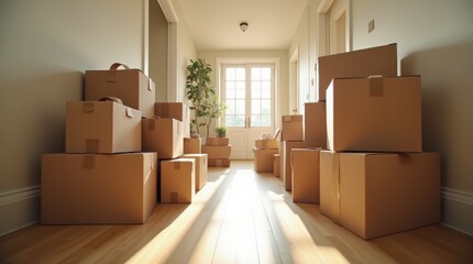 Stacked cardboard boxes fill a bright home hallway, creating a scene of moving in or out.
