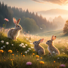 Three adorable bunnies in a field of wildflowers at sunrise