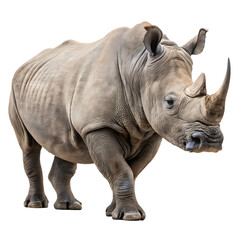 A single large gray rhinoceros or rhino with a prominent horn, an endangered mammal, isolated on a transparent background png