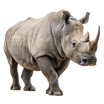 A single large gray rhinoceros or rhino with a prominent horn, an endangered mammal, isolated on a transparent background png