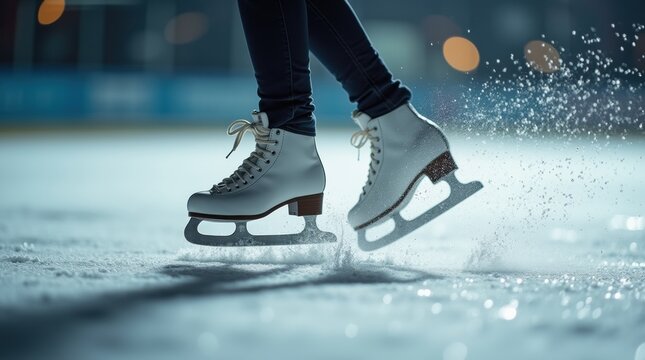 Extreme close-up of figure skates spinning and carving the ice, creating a spray of shavings on the rink.
