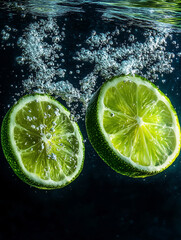 Two lime slices submerged in sparkling water with bubbles