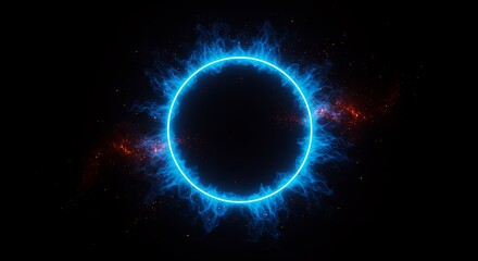 Glowing Blue Circle with Fiery Effects on Black Background