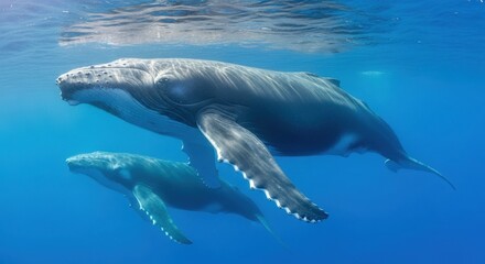 Obraz premium Humpback Whale Mother and Calf Swimming in Ocean Deep Blue Water 1