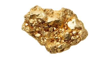 A large rough irregular gold nugget with a textured surface and a brilliant metallic sheen isolated on transparent background
