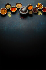 Colorful bowls of aromatic spices and herbs on a dark background, with a mortar and pestle,...