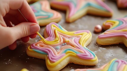 Close-up of a hand decorating a star-shaped cookie with colorful icing.